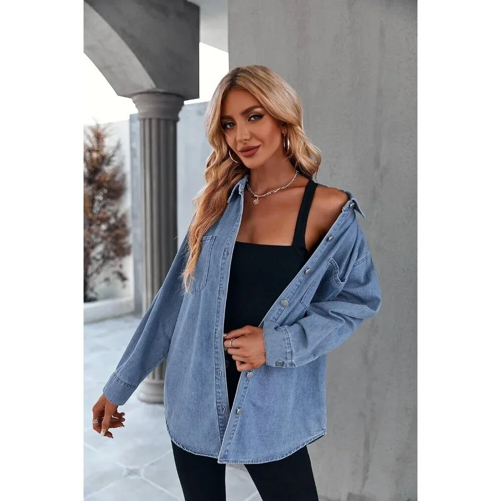 Women's Oversized Denim Shirt Long Sleeve Casual Button Down Pockets Light Blue - Picture 4 of 6